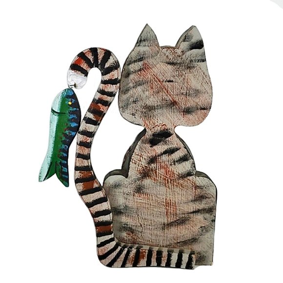 Folk Art Wooden Cat w/Fish Primitive Hand Painted Black & Gray Stripe 3D Vintage - Picture 3 of 6